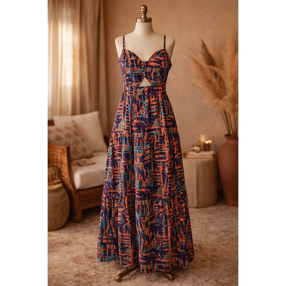 D’IYANU Kenyatta Maxi Dress 1X Orange Purple Teal Cotton Tiered Pockets Cutout